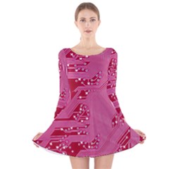 Pink Circuit Pattern Long Sleeve Velvet Skater Dress by BangZart