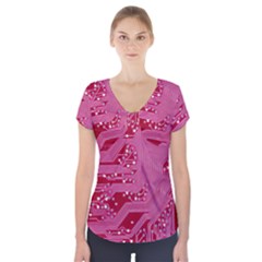 Pink Circuit Pattern Short Sleeve Front Detail Top by BangZart