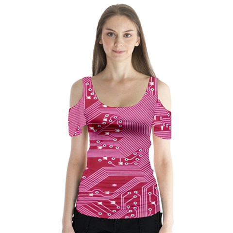 Pink Circuit Pattern Butterfly Sleeve Cutout Tee  by BangZart