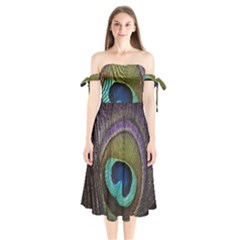 Peacock Feather Shoulder Tie Bardot Midi Dress