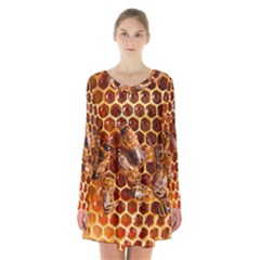 Honey Bees Long Sleeve Velvet V-neck Dress by BangZart