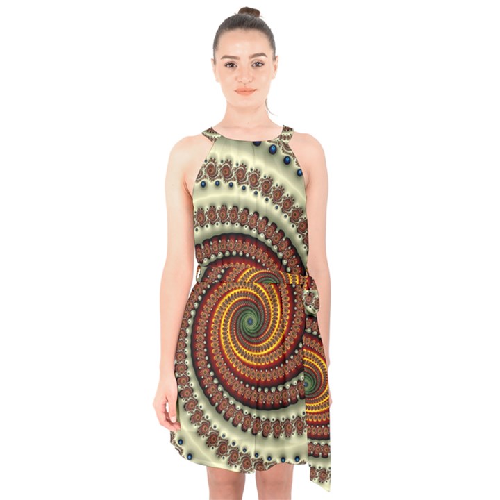 Fractal Pattern Halter Collar Waist Tie Chiffon Dress