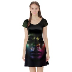 Digital Art Psychedelic Face Skull Color Short Sleeve Skater Dress by BangZart