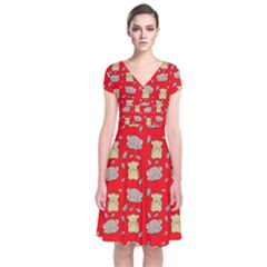 Cute Hamster Pattern Red Background Short Sleeve Front Wrap Dress by BangZart