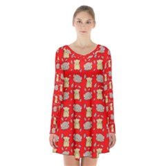 Cute Hamster Pattern Red Background Long Sleeve Velvet V-neck Dress by BangZart