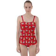 Cute Hamster Pattern Red Background Twist Front Tankini Set