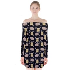 Cute Hamster Pattern Black Background Long Sleeve Off Shoulder Dress by BangZart