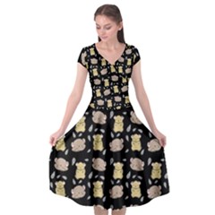 Cute Hamster Pattern Black Background Cap Sleeve Wrap Front Dress