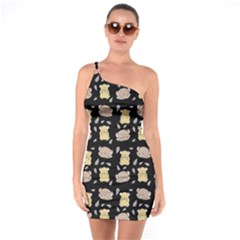 Cute Hamster Pattern Black Background One Soulder Bodycon Dress