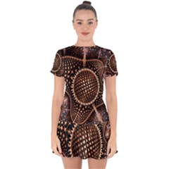 Brown Fractal Balls And Circles Drop Hem Mini Chiffon Dress