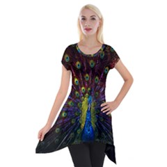 Beautiful Peacock Feather Short Sleeve Side Drop Tunic by BangZart