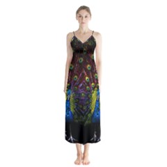 Beautiful Peacock Feather Button Up Chiffon Maxi Dress