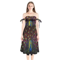 Beautiful Peacock Feather Shoulder Tie Bardot Midi Dress