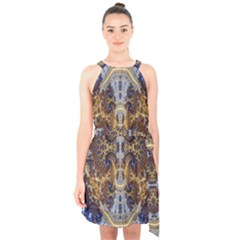 Baroque Fractal Pattern Halter Collar Waist Tie Chiffon Dress