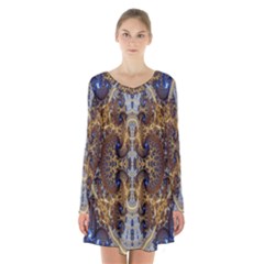 Baroque Fractal Pattern Long Sleeve Velvet V-neck Dress by BangZart