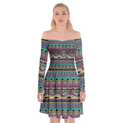 Aztec Pattern Cool Colors Off Shoulder Skater Dress