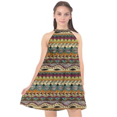 Aztec Pattern Ethnic Halter Neckline Chiffon Dress 