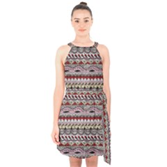 Aztec Pattern Art Halter Collar Waist Tie Chiffon Dress