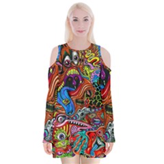 Art Color Dark Detail Monsters Psychedelic Velvet Long Sleeve Shoulder Cutout Dress