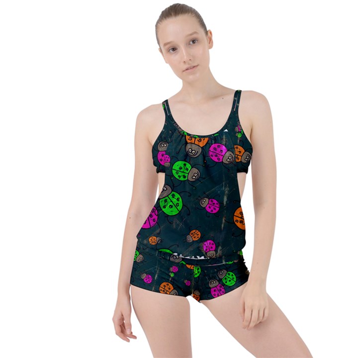 Abstract Bug Insect Pattern Boyleg Tankini Set 