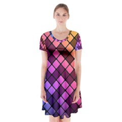 Abstract Small Block Pattern Short Sleeve V-neck Flare Dress by BangZart