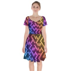 Abstract Small Block Pattern Short Sleeve Bardot Dress