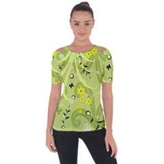 Flowers On A Green Background                      Shoulder Cut Out Short Sleeve Top