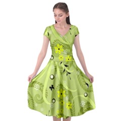 Flowers On A Green Background              Cap Sleeve Wrap Front Dress