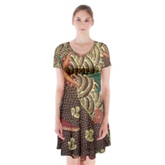 Art Traditional Flower  Batik Pattern Short Sleeve V-neck Flare Dress by BangZart