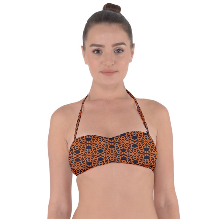 Triangle Knot Orange And Black Fabric Halter Bandeau Bikini Top