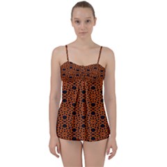 Triangle Knot Orange And Black Fabric Babydoll Tankini Set by BangZart