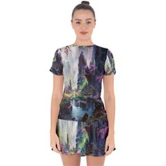 Fantastic World Fantasy Painting Drop Hem Mini Chiffon Dress