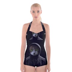 Gangsta Cat Boyleg Halter Swimsuit  by Valentinaart