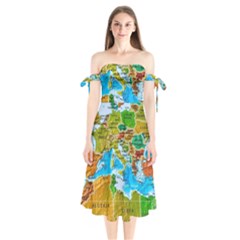 World Map Shoulder Tie Bardot Midi Dress by BangZart