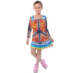 Tie Dye Peace Sign Kids  Long Sleeve Velvet Dress by BangZart