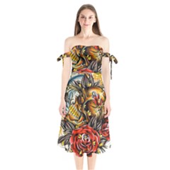 Flower Art Traditional Shoulder Tie Bardot Midi Dress