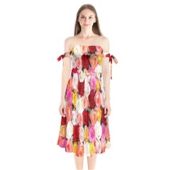 Rose Color Beautiful Flowers Shoulder Tie Bardot Midi Dress