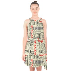 Backdrop Style With Texture And Typography Fashion Style Halter Collar Waist Tie Chiffon Dress