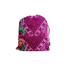 Pink Batik Cloth Fabric Drawstring Pouches (medium) 