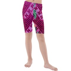 Pink Batik Cloth Fabric Kids  Mid Length Swim Shorts