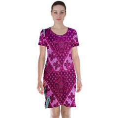 Pink Batik Cloth Fabric Short Sleeve Nightdress by BangZart