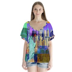 New York City The Statue Of Liberty Flutter Sleeve Top by BangZart