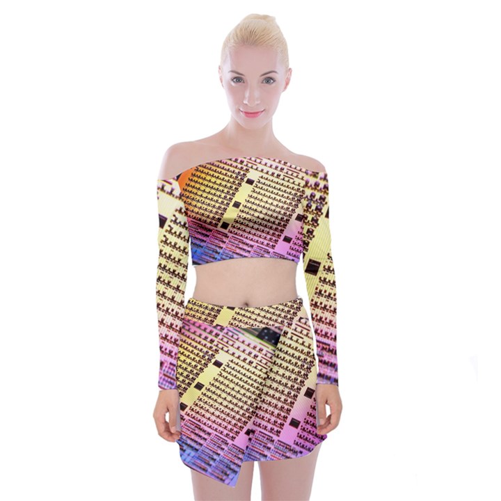 Optics Electronics Machine Technology Circuit Electronic Computer Technics Detail Psychedelic Abstra Off Shoulder Top with Skirt Set