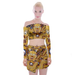 Chinese Dragon Pattern Off Shoulder Top With Skirt Set