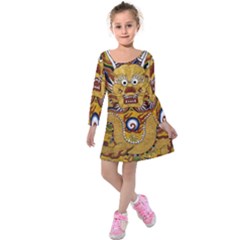 Chinese Dragon Pattern Kids  Long Sleeve Velvet Dress by BangZart