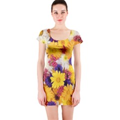 Colorful Flowers Pattern Short Sleeve Bodycon Dress by BangZart