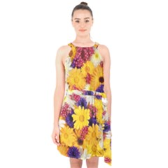 Colorful Flowers Pattern Halter Collar Waist Tie Chiffon Dress by BangZart