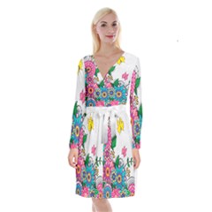 Flowers Pattern Vector Art Long Sleeve Velvet Front Wrap Dress