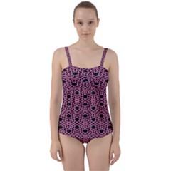 Triangle Knot Pink And Black Fabric Twist Front Tankini Set