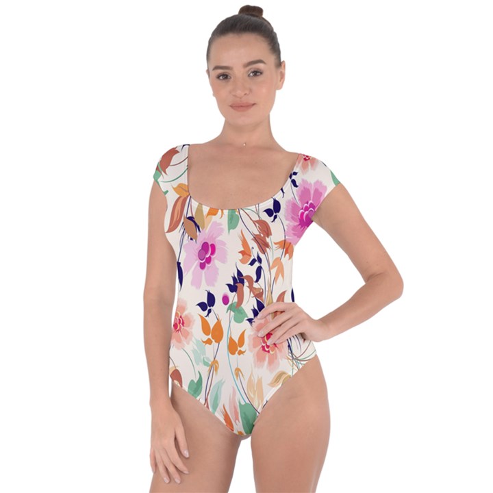 Vector Floral Art Short Sleeve Leotard 